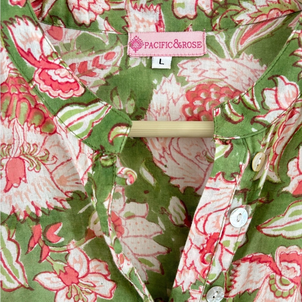 Pacific & Rose Textiles - Hilia Midi Tiered Dress, Pink & Green Floral - Picture 5 of 11